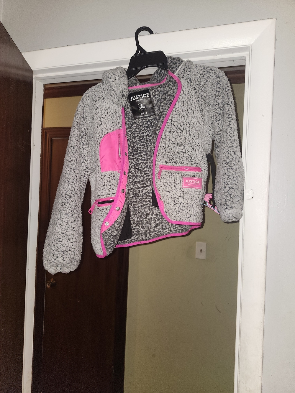 Justice Gray Sherpa Jacket with Pink Trim and Pockets